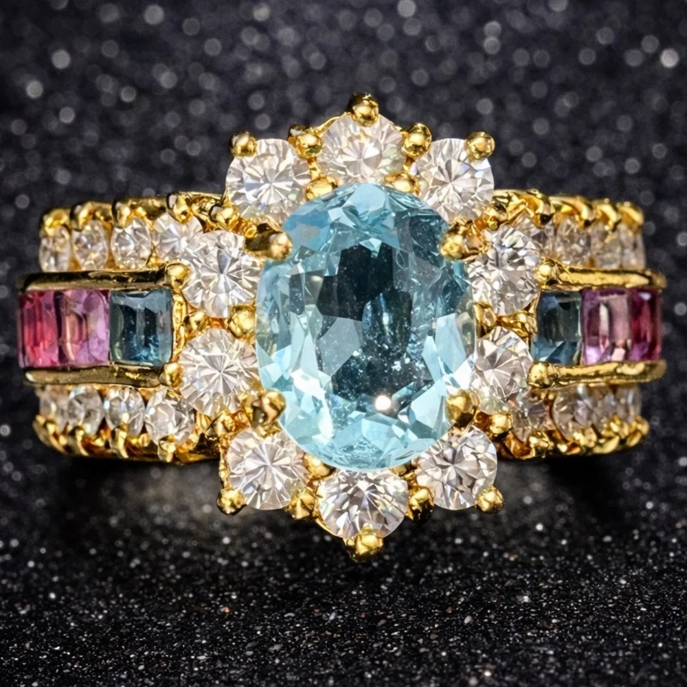 Suzanne Somers vintage blue topaz amethyst garnet gemstone CZ cocktail band ring